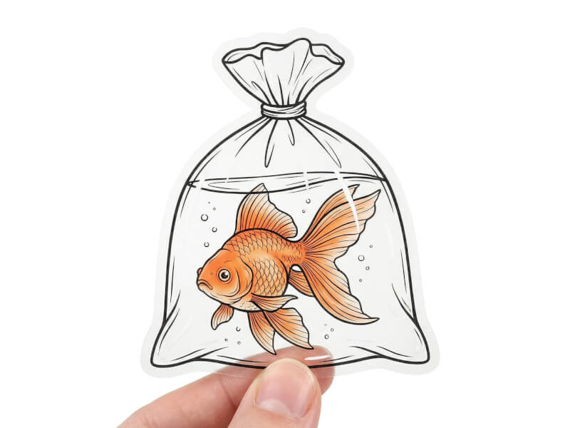 Transparent klistermärke med guldfisk-illustration mot vit bakgrund